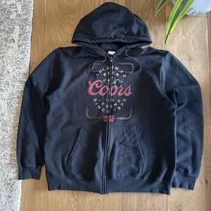 Coors Banquet Beer Hoodie Mens Large Black Full Zip Graphic Sweatshirt Golden CO